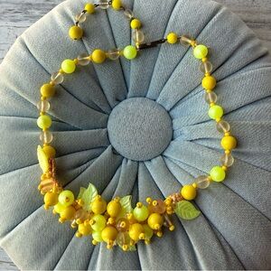 Vintage Mid Century Bright Yellow Beaded Fruit Salad Choker Statement Necklace